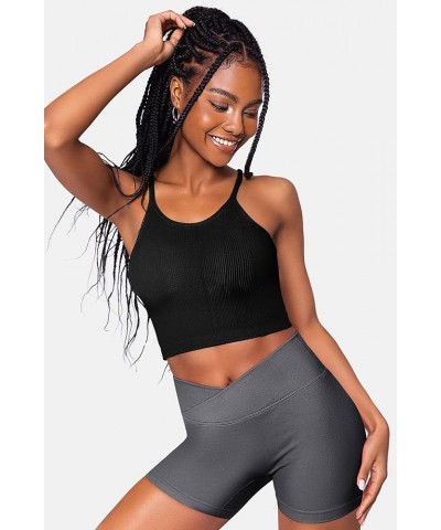 Workout Crop Tank Tops for Women Sleeveless Spaghetti Strap Ribbed Camisole Tops Seamless Racerback Bra for Yoga 3 Pack-black...