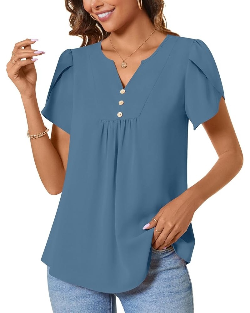 Womens Fashion Short Sleeve Tops Dressy Petal Sleeve Button T-Shirts Casual Chiffon Tunic Blouse Blue $12.99 Blouses