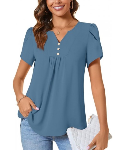 Womens Fashion Short Sleeve Tops Dressy Petal Sleeve Button T-Shirts Casual Chiffon Tunic Blouse Blue $12.99 Blouses