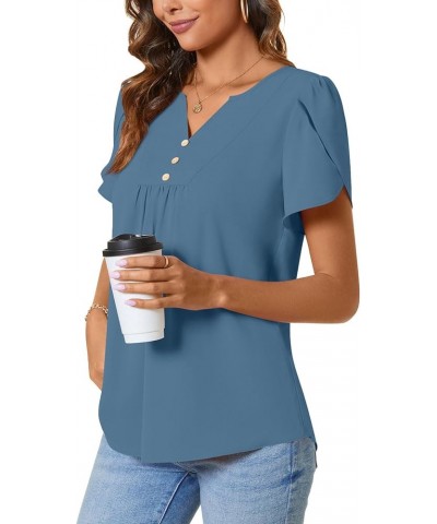 Womens Fashion Short Sleeve Tops Dressy Petal Sleeve Button T-Shirts Casual Chiffon Tunic Blouse Blue $12.99 Blouses