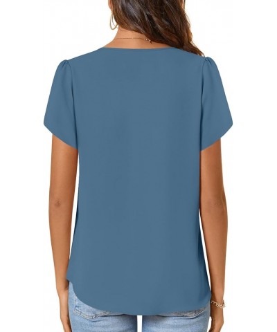 Womens Fashion Short Sleeve Tops Dressy Petal Sleeve Button T-Shirts Casual Chiffon Tunic Blouse Blue $12.99 Blouses