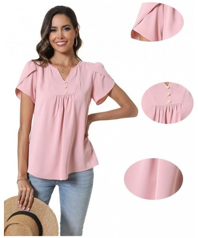 Womens Fashion Short Sleeve Tops Dressy Petal Sleeve Button T-Shirts Casual Chiffon Tunic Blouse Blue $12.99 Blouses
