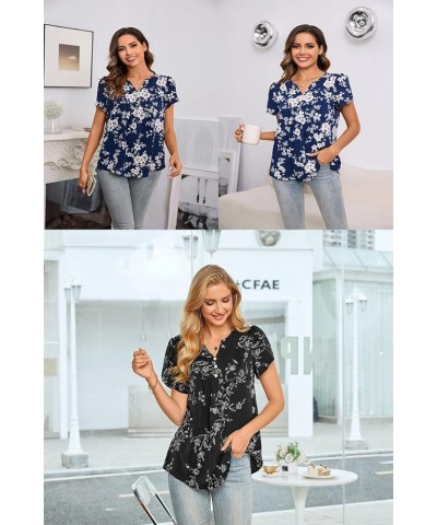 Womens Fashion Short Sleeve Tops Dressy Petal Sleeve Button T-Shirts Casual Chiffon Tunic Blouse Blue $12.99 Blouses