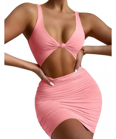 Women's Sexy Bodycon Sleeveless Cut Out Ruched Tank Mini Club Party Dresses Pink $11.04 Dresses