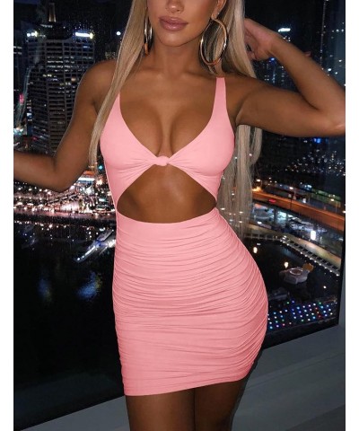Women's Sexy Bodycon Sleeveless Cut Out Ruched Tank Mini Club Party Dresses Pink $11.04 Dresses