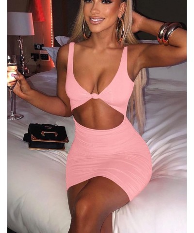 Women's Sexy Bodycon Sleeveless Cut Out Ruched Tank Mini Club Party Dresses Pink $11.04 Dresses