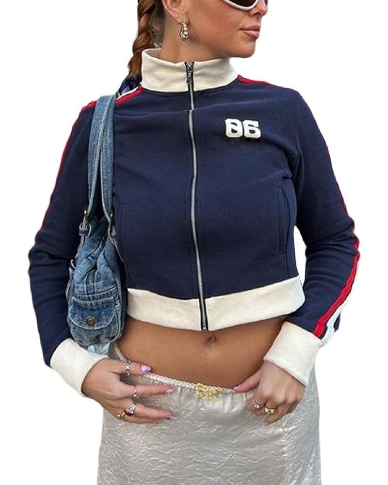 Women Zipper Vintage Jacket Slim Fit Stand Collar Coats Casual Y2k Fashion Outwear Blockcore Outfits Streetwear A-dark Blue F...