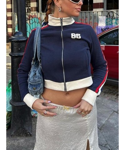 Women Zipper Vintage Jacket Slim Fit Stand Collar Coats Casual Y2k Fashion Outwear Blockcore Outfits Streetwear A-dark Blue F...
