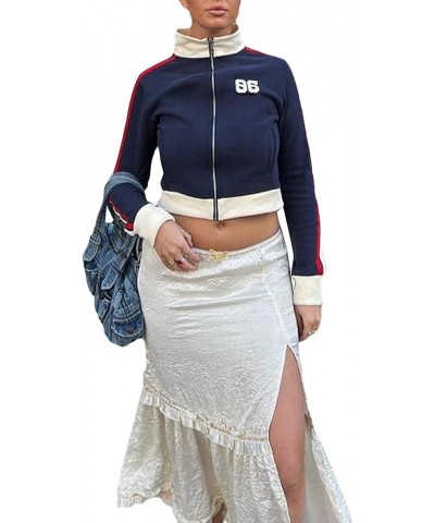 Women Zipper Vintage Jacket Slim Fit Stand Collar Coats Casual Y2k Fashion Outwear Blockcore Outfits Streetwear A-dark Blue F...