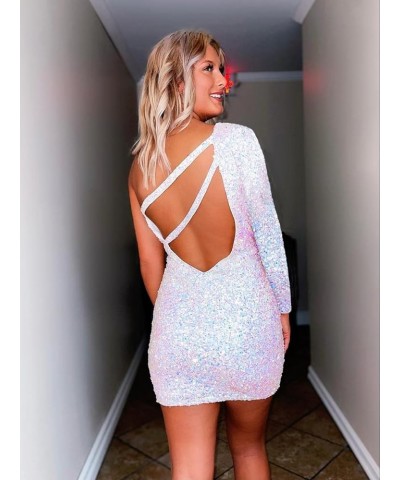 Women's One Shoulder Homecoming Dresses for Teens Sparkly Long Sleeve Sequin Short Cocktial Dress Red $36.44 Dresses