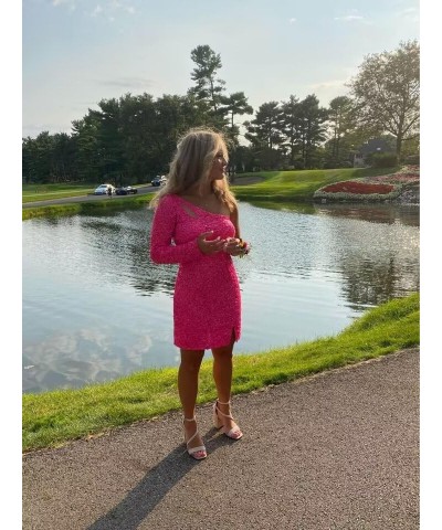Women's One Shoulder Homecoming Dresses for Teens Sparkly Long Sleeve Sequin Short Cocktial Dress Red $36.44 Dresses
