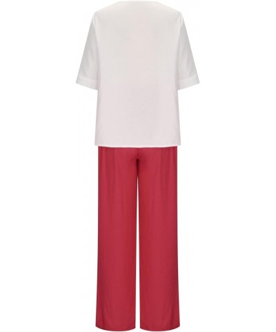 Two Piece Outfits for Women Cotton Linen Comfy Outfits Crewneck Half Sleeve Tees And Elastic High Wasited Casual Pants A04-re...