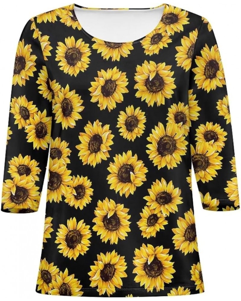 Womens Fall Blouses Tops 3/4 Sleeve Business Casual Work Shirts Crew Neck Dressy Tunic Tops Black Yellow Sunflower $13.91 Tops