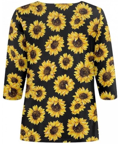 Womens Fall Blouses Tops 3/4 Sleeve Business Casual Work Shirts Crew Neck Dressy Tunic Tops Black Yellow Sunflower $13.91 Tops