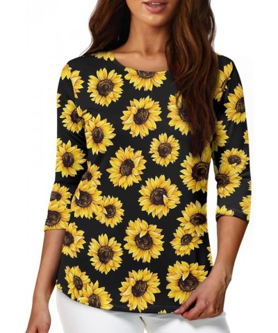 Womens Fall Blouses Tops 3/4 Sleeve Business Casual Work Shirts Crew Neck Dressy Tunic Tops Black Yellow Sunflower $13.91 Tops