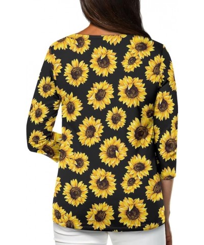 Womens Fall Blouses Tops 3/4 Sleeve Business Casual Work Shirts Crew Neck Dressy Tunic Tops Black Yellow Sunflower $13.91 Tops