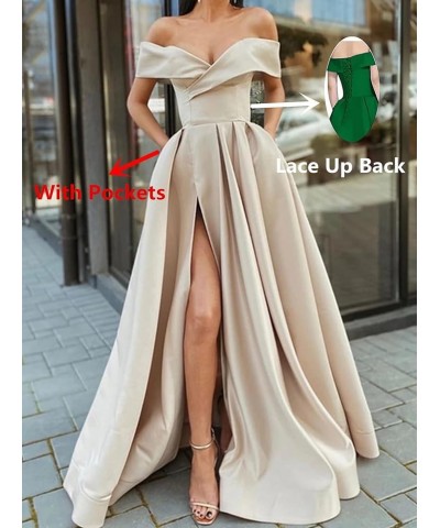 Off Shoulder Long Slit Prom Dresses A-Line Satin Formal Evening Party Gowns with Pockets White $42.92 Dresses
