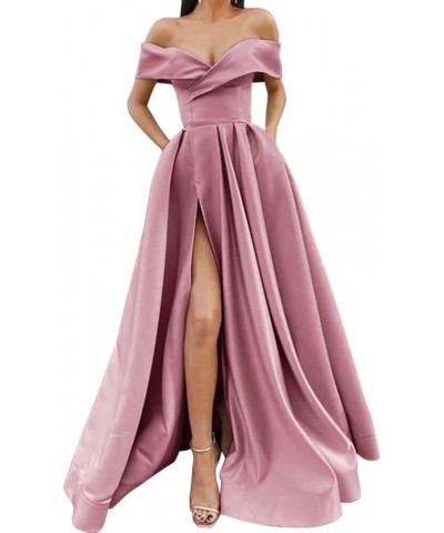 Off Shoulder Long Slit Prom Dresses A-Line Satin Formal Evening Party Gowns with Pockets White $42.92 Dresses