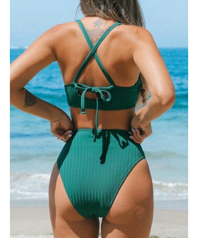 Women Swimsuit Bikini Set High Waisted Scoop Neck Tie Back Textured Bathing Suit Green $16.85 Swimsuits