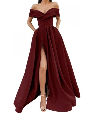 Off Shoulder Long Slit Prom Dresses A-Line Satin Formal Evening Party Gowns with Pockets White $42.92 Dresses