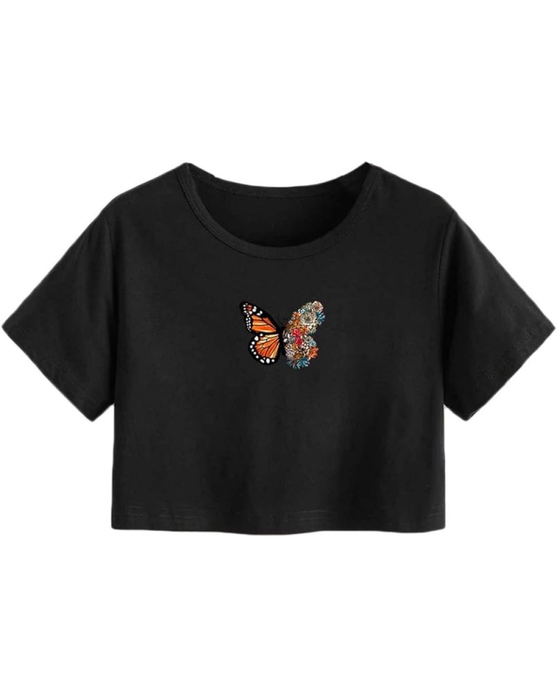 Women's Embroidered Crop Top Short Sleeve T Shirt Butterfly Black $14.99 T-Shirts