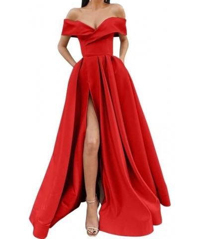 Off Shoulder Long Slit Prom Dresses A-Line Satin Formal Evening Party Gowns with Pockets White $42.92 Dresses