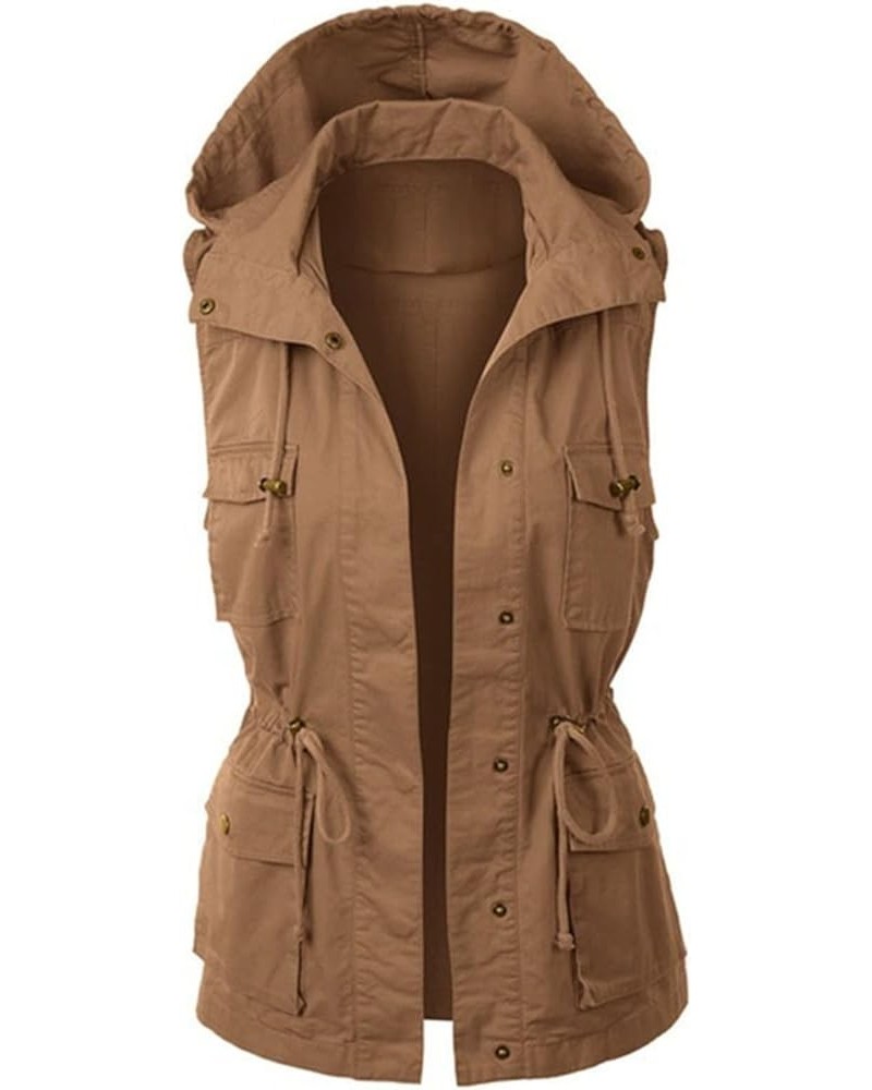 Womens Hooded Vest Jacke Casual Military Utility Sleeveless Drawstring Lightweight Hoodies Jacket with Pockets Brown $14.49 J...