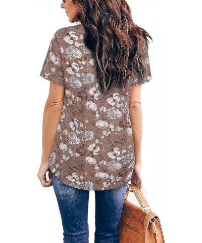 Women's V Neck Short Sleeve Curved Hem Sheer Chiffon Blouse Shirts Tops Coffee Beige $16.45 Blouses