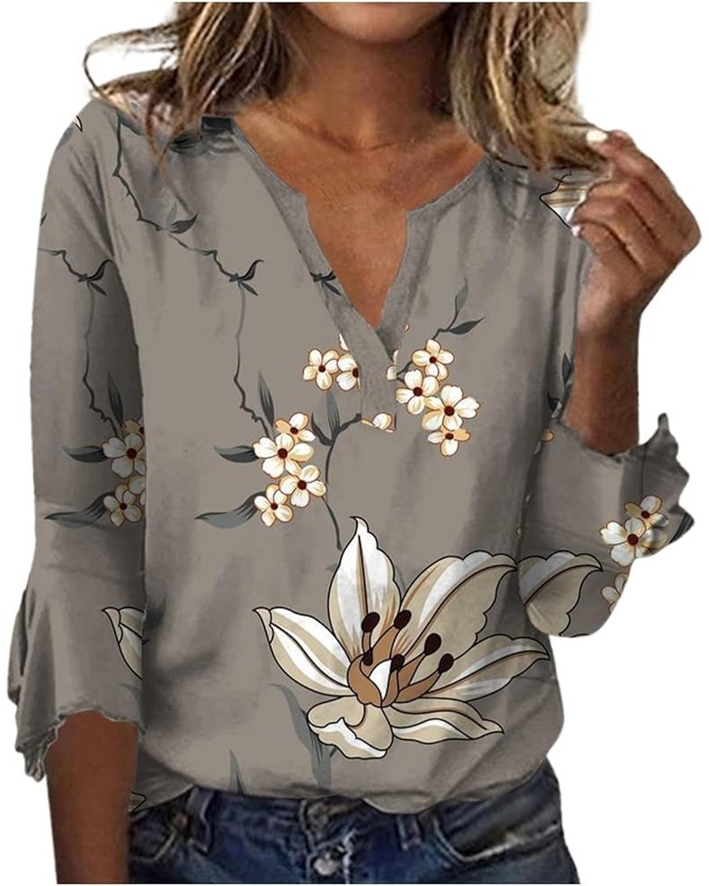 Fall Fashion Women's Top Loose Casual V-Neck Solid Color Blouses Bell 3/4 Sleeve T-Shirt 1-gray $9.63 Blouses