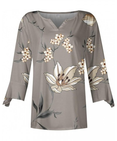 Fall Fashion Women's Top Loose Casual V-Neck Solid Color Blouses Bell 3/4 Sleeve T-Shirt 1-gray $9.63 Blouses