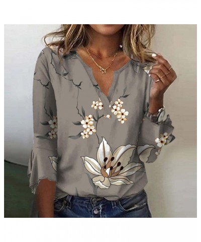 Fall Fashion Women's Top Loose Casual V-Neck Solid Color Blouses Bell 3/4 Sleeve T-Shirt 1-gray $9.63 Blouses