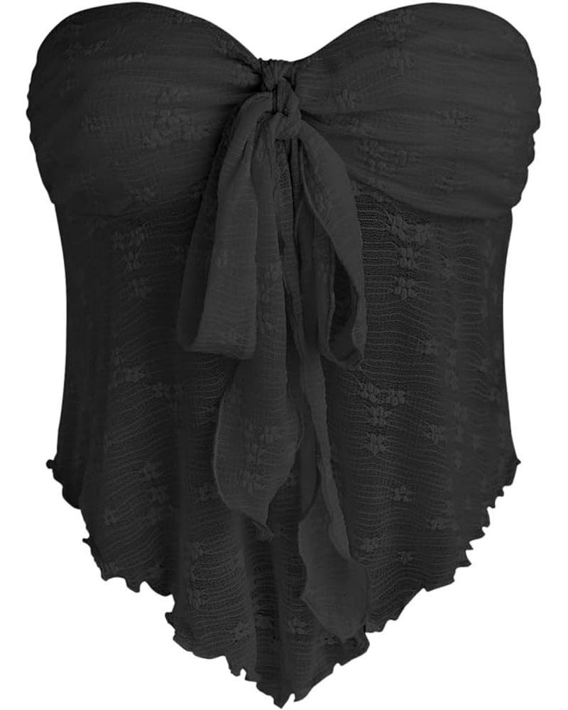 Women Floral Tie Front Crop Tube Tops Sexy Strapless Backless Bandeau Lace Sheer Mesh Asymmetrical Hem Y2K Tank Tops Black $1...