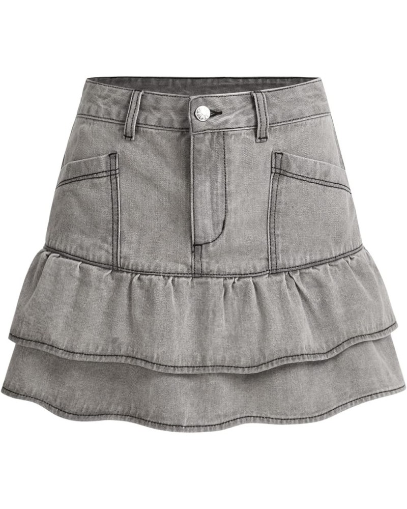 Women's Y2K Ruffle Hem High Waist Short A Line Flared Denim Skirt Grey $10.99 Skirts