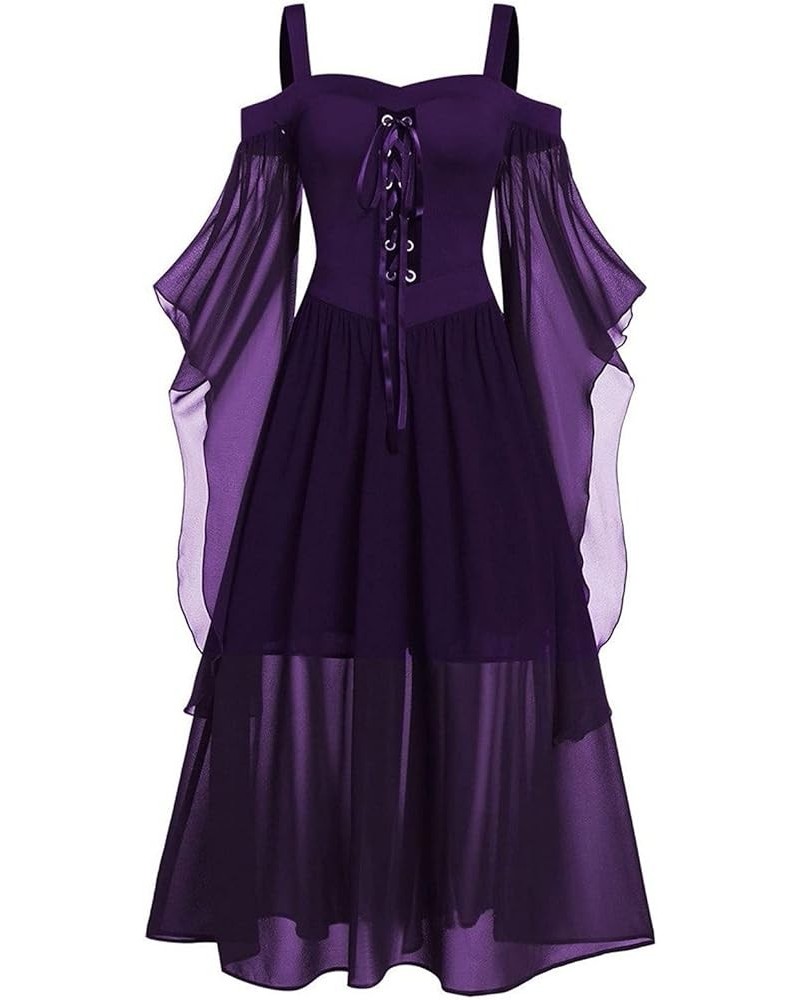 Off The Shoulder Dress, Womne Plus Size Cold Shoulder Butterfly Sleeve Lace Up Halloween Gothic Dress, L-5XL Purple $8.63 Dre...