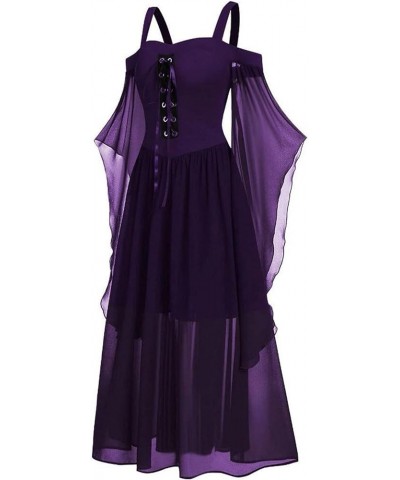Off The Shoulder Dress, Womne Plus Size Cold Shoulder Butterfly Sleeve Lace Up Halloween Gothic Dress, L-5XL Purple $8.63 Dre...
