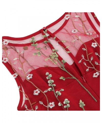 Women Keyhole Floral Embroidery Dress Sheer Mesh Illusion Vintage Cocktail Swing Dress Wedding Party Prom Tulle Evening Dress...