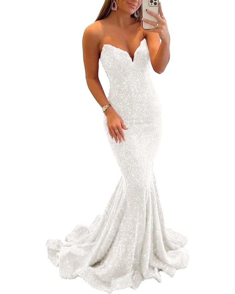 Sequin Mermaid Prom Dresses Sparkly Long V Neck Bodycon Backless Formal Evening Party Gown for Women White $27.30 Dresses