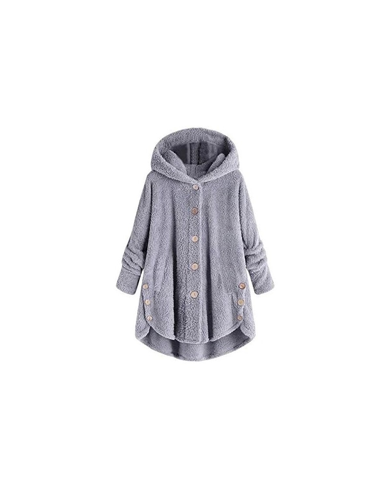 Warm Winter Coats for Women Plus Size Hooded Outwear Solid Plush Hoodies Button Woolen Jacket Loose Fit Cardigan Coat A-gray ...