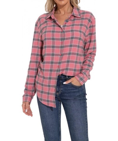 Women's Classic Plaid Button Down Shirt - Loose Fit and Long Sleeves Pink Plaid $12.45 Blouses