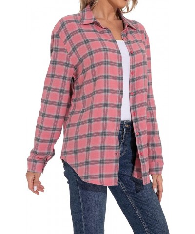 Women's Classic Plaid Button Down Shirt - Loose Fit and Long Sleeves Pink Plaid $12.45 Blouses