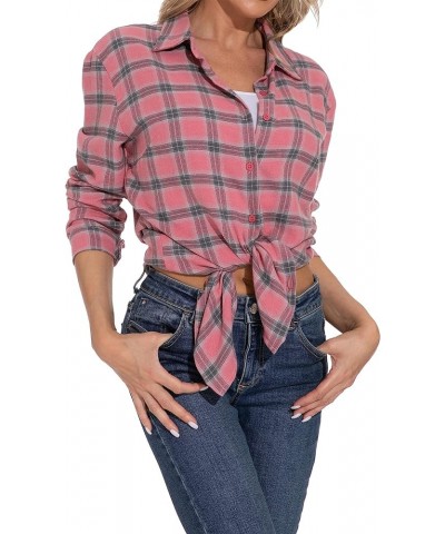 Women's Classic Plaid Button Down Shirt - Loose Fit and Long Sleeves Pink Plaid $12.45 Blouses