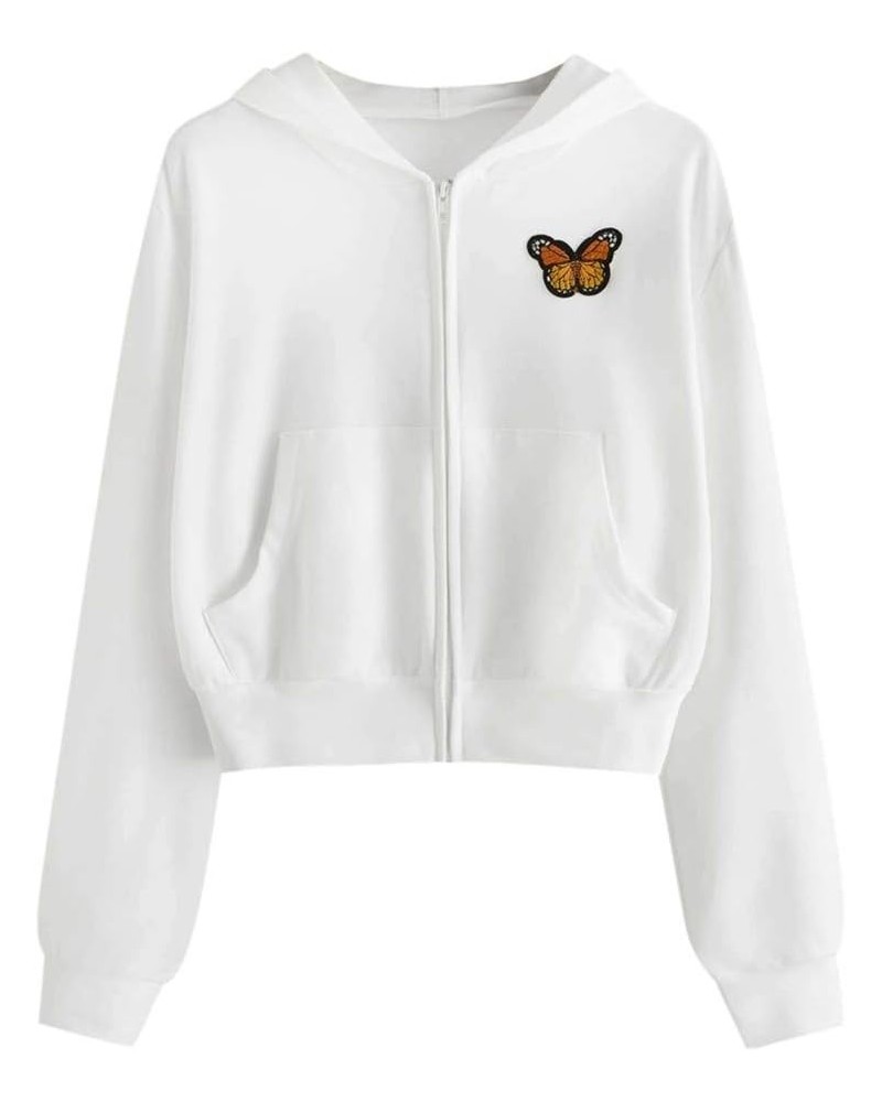 Women's Cropped Hoodie jacket Zip Up Drawstring Long Sleeve Pockets Workout Crop Tops Cute Sweatshirts for Teen Girls A08 Whi...
