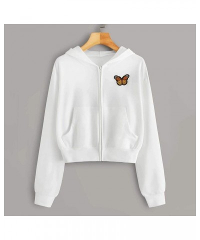 Women's Cropped Hoodie jacket Zip Up Drawstring Long Sleeve Pockets Workout Crop Tops Cute Sweatshirts for Teen Girls A08 Whi...