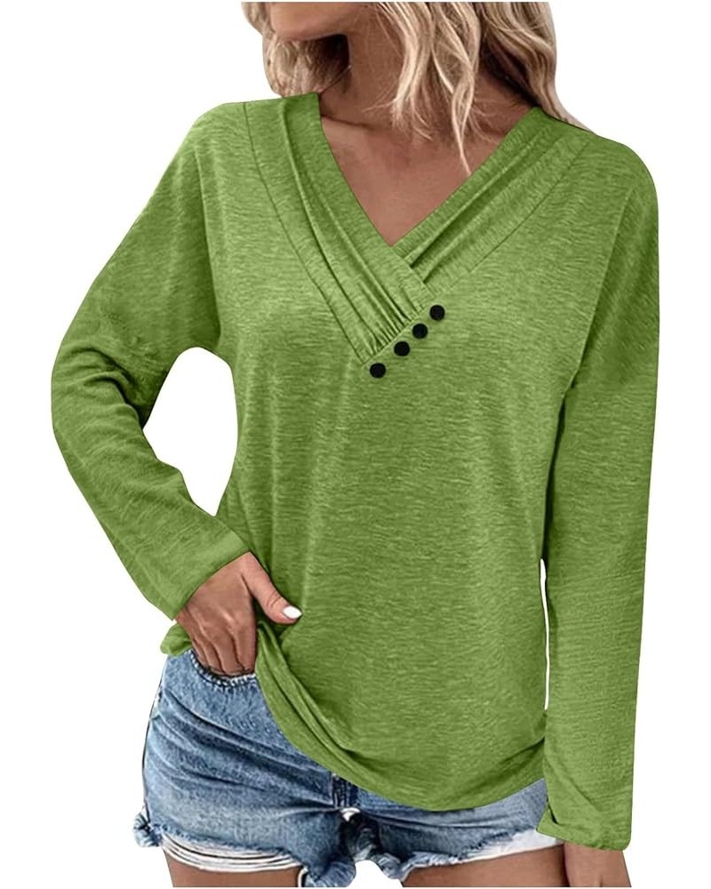 Shirts for Women,Women'S Pleated Button V Neck Tops Loose Long Sleeve Sweatshirt Pullover Comfy Fall T-Shirts 1-green $9.01 A...