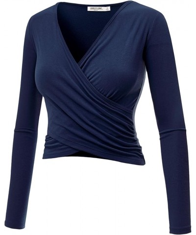 Women's Premium Short/Long Sleeve Deep V Neck Slim fit Cross Wrap Crop top Shirt-Made in USA Wt1482_navy $10.79 T-Shirts