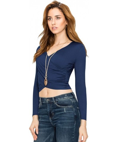 Women's Premium Short/Long Sleeve Deep V Neck Slim fit Cross Wrap Crop top Shirt-Made in USA Wt1482_navy $10.79 T-Shirts