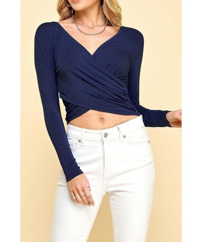 Women's Premium Short/Long Sleeve Deep V Neck Slim fit Cross Wrap Crop top Shirt-Made in USA Wt1482_navy $10.79 T-Shirts