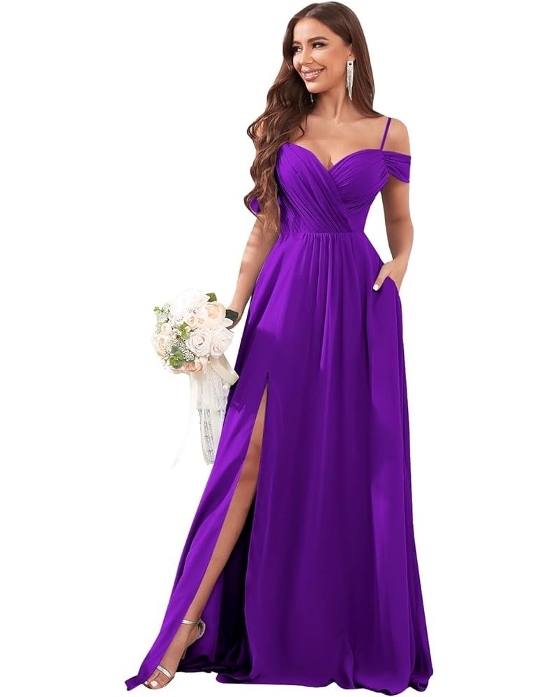 Women's Off Shoulder Bridesmaid Dresses Long Slit Chiffon Ruched Evening Formal Dress with Pockets Purple $28.00 Dresses