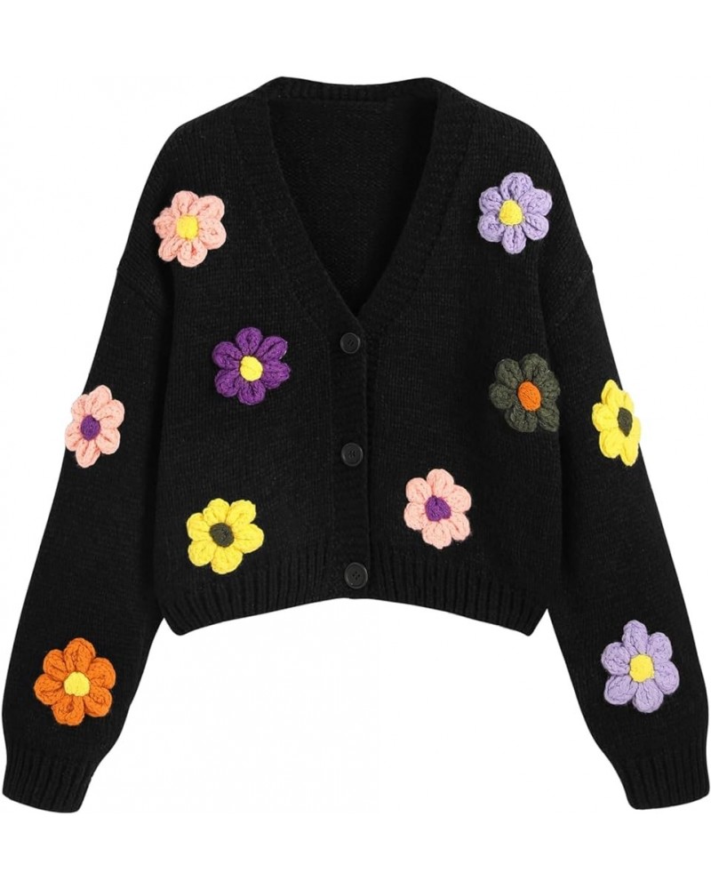 Womens Cardigan Floral Cardigan Button Cardigan Sweaters for Women V-Neck Button Flower Cardigan Black $23.39 Sweaters