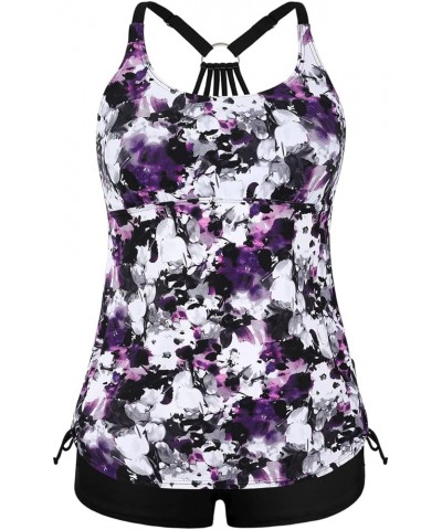 Plus Size Strappy Bathing Suits for Women Athletic Two Piece Swimsuit Modest Tankini Top with Shorts Purple Floral $19.20 Swi...